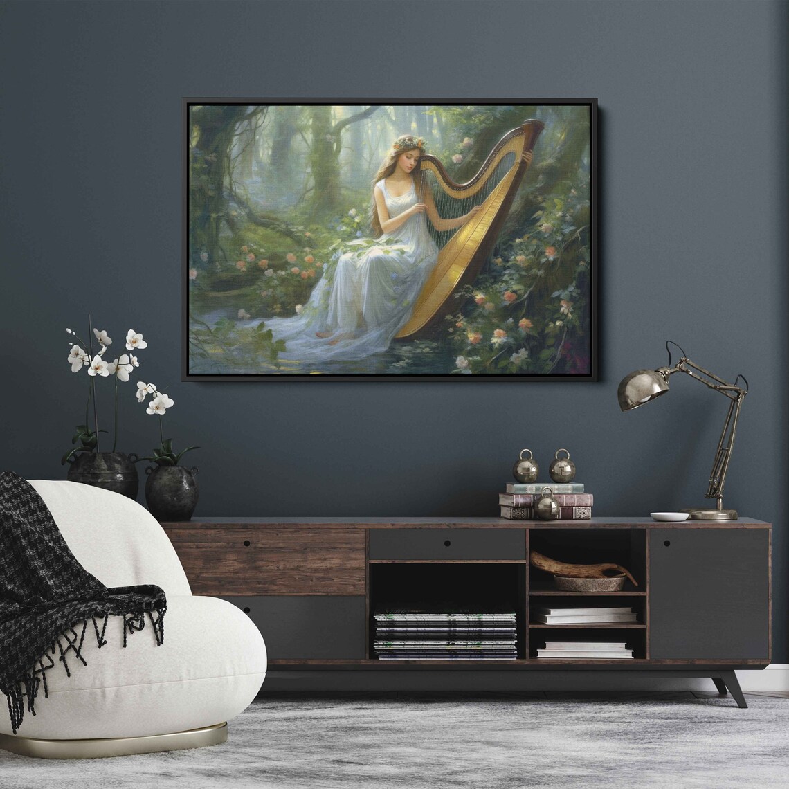 Enchanted Forest Harp Player Woman White Dress Floral Nature Print - Image 3
