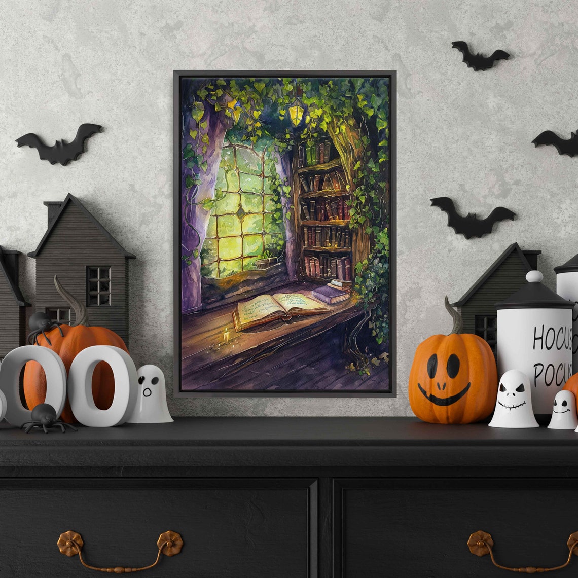 Ivy Covered Cozy Reading Nook Bookshelf Window Candlelight Poster