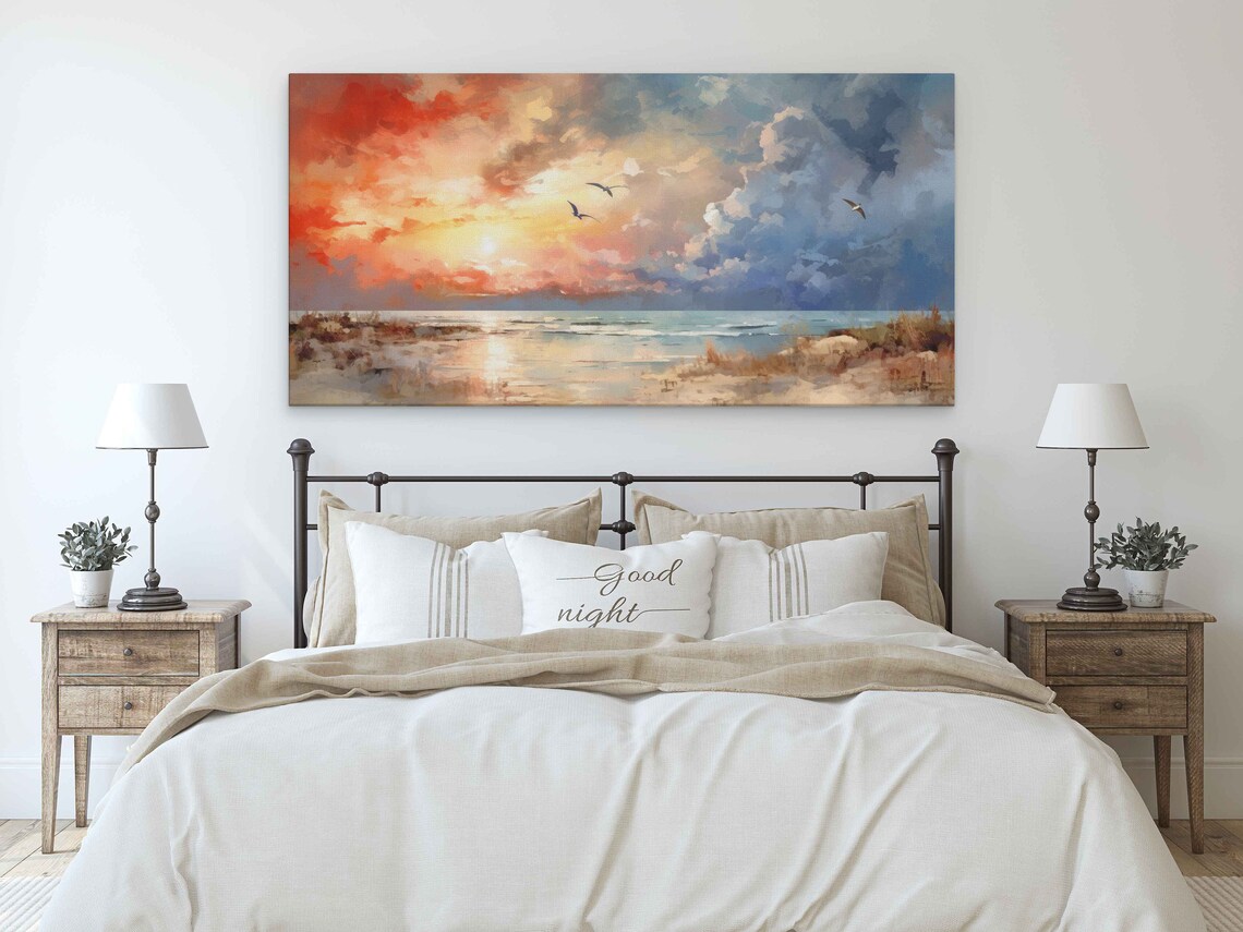 Abstract Beach Sunset Watercolor Seagulls Flying Ocean Shore Golden Sky Travel Poster - Image 2