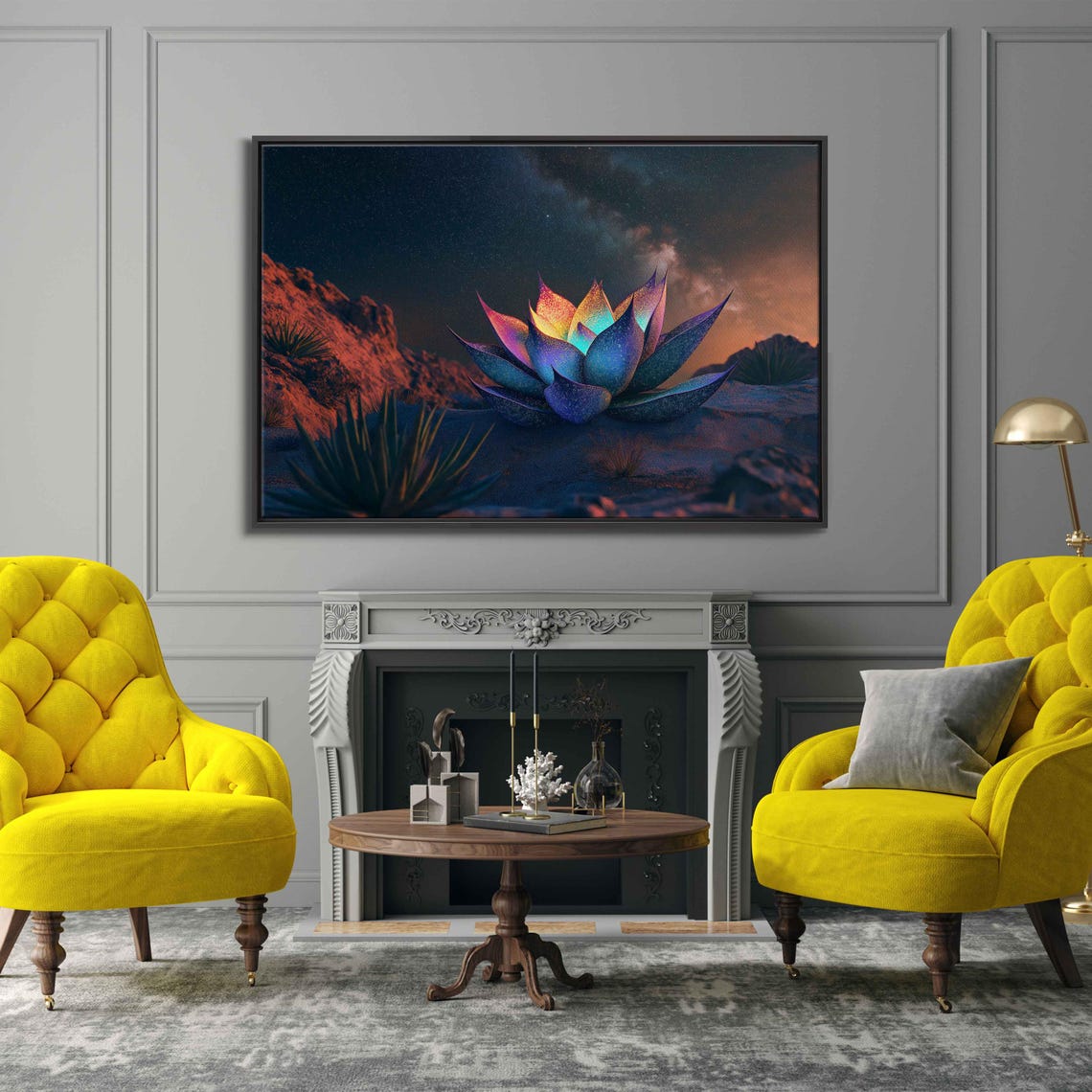 Glowing Rainbow Agave Under Starry Desert Night Sky Art Poster - Image 3