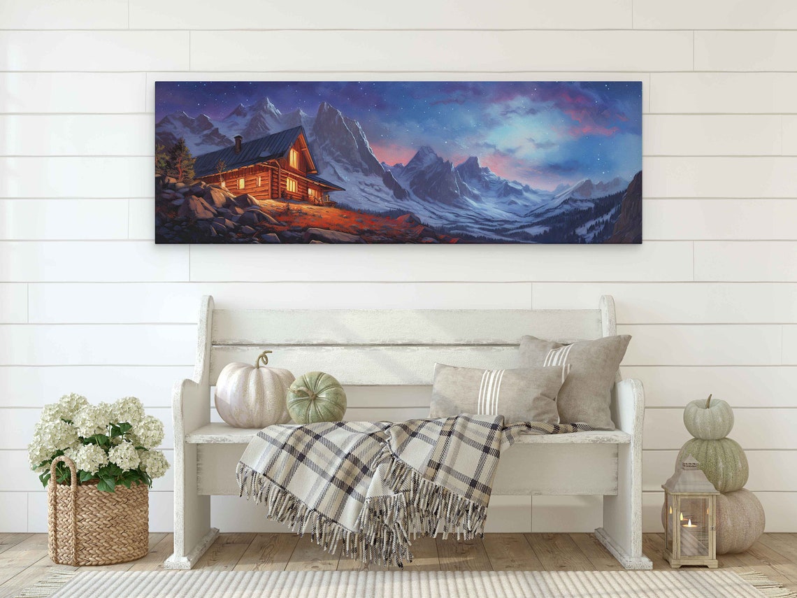 Log Cabin at Dusk Purple Starry Sky Snowy Peaks Night Art Poster - Image 2