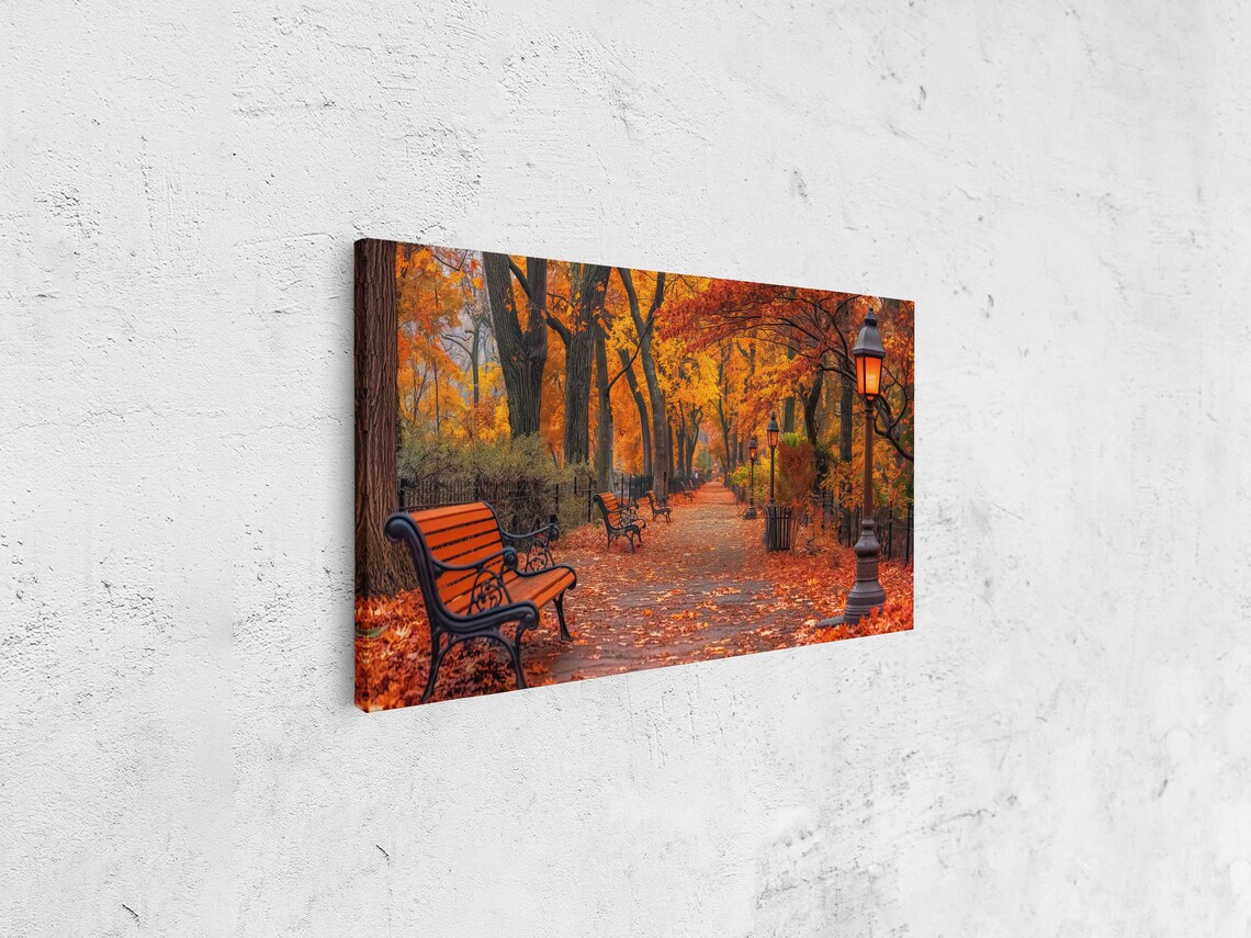 Autumn Park Alley Glowing Lamps Benches Red Foliage Photo Poster - Image 4
