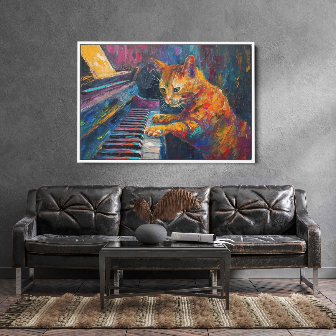 Colorful Tabby Cat Piano Player Abstract Music Room Fun Pet Art Poster - Image 2