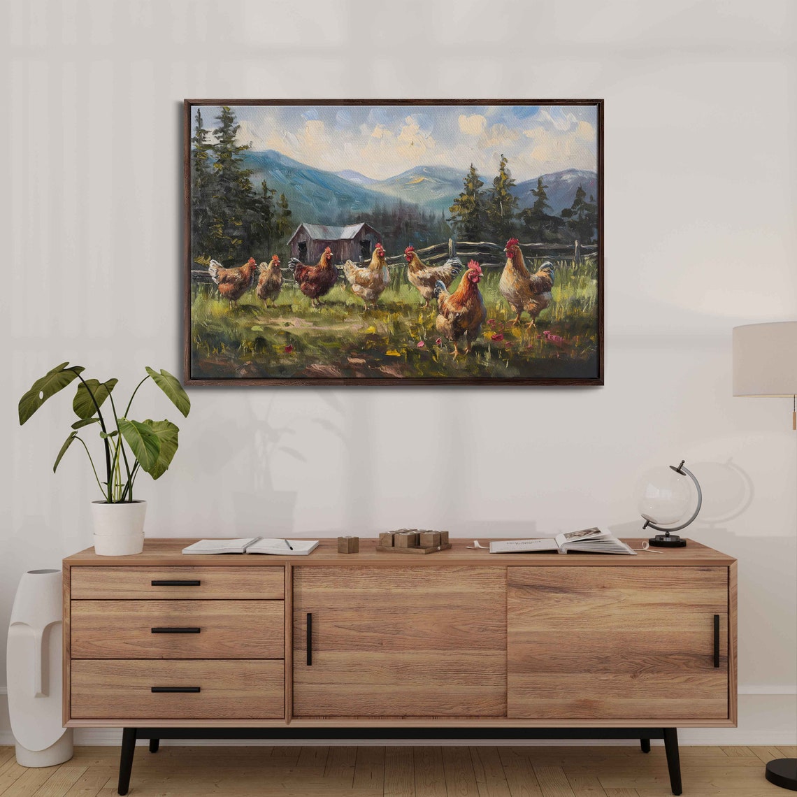Chickens Roaming Farmyard Rustic Barn Mountains Pine Forest Painting