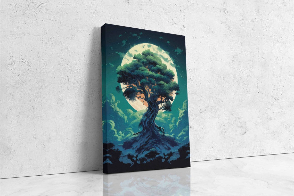 Twisted Ancient Tree Giant Full Moon Teal Clouds Fantasy Night Poster - Image 4
