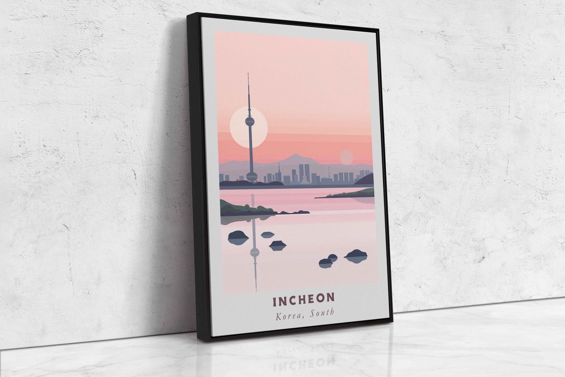Incheon South Korea Harbor Tower Pink Sunset Reflection Poster - Image 2