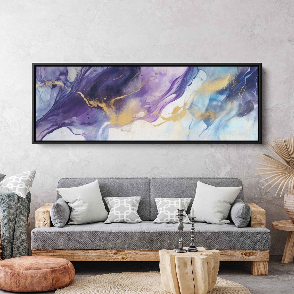 Deep Purple Blue Gold Panoramic Marble Swirl Abstract Art Poster