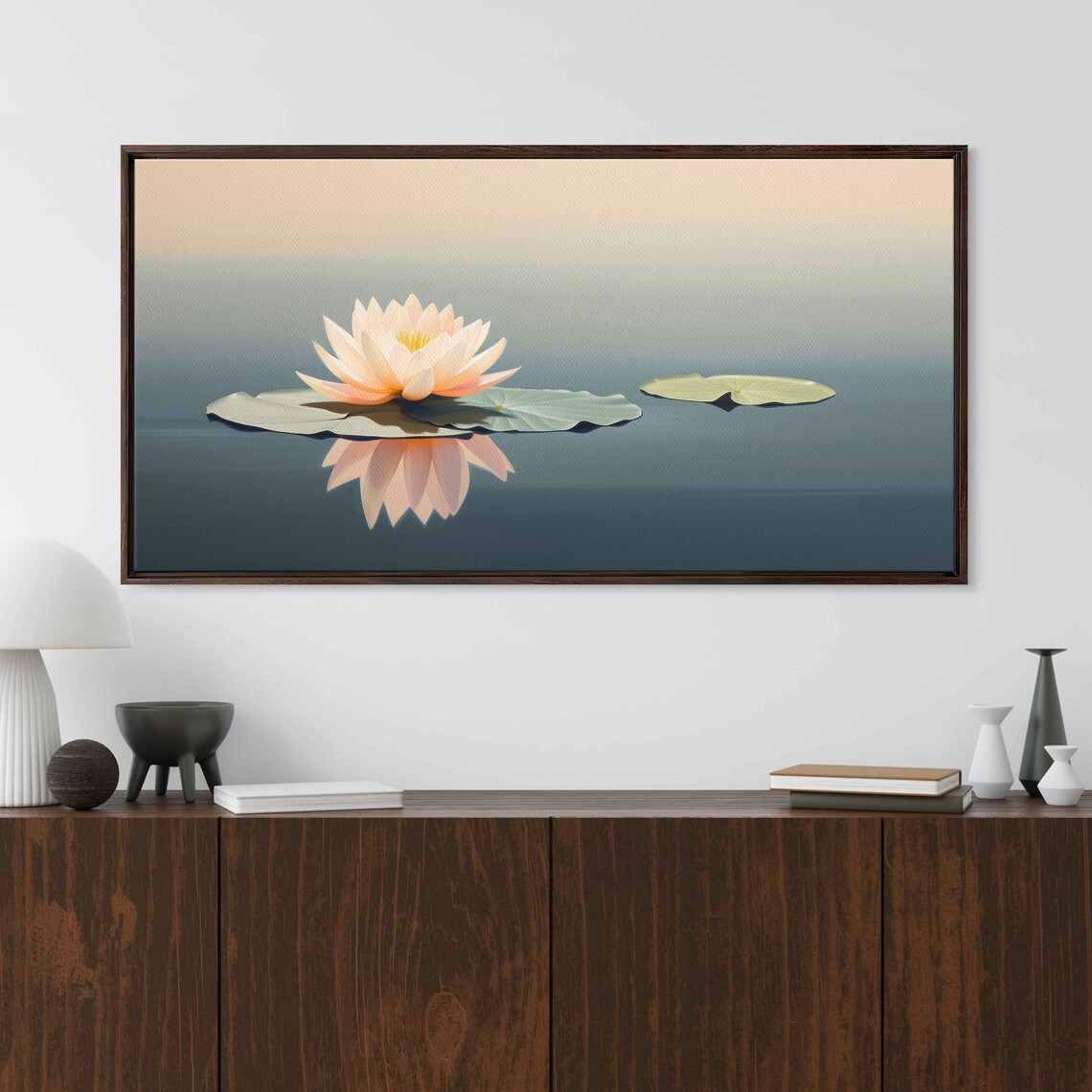 Pink Water Lily Floating Minimalist Zen Pond Reflection Art Poster - Image 2