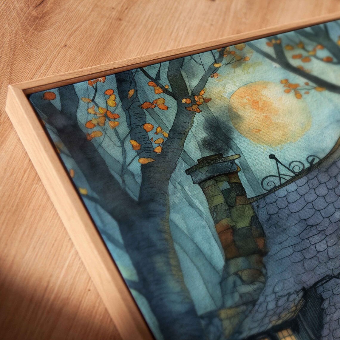 Moonlit Witches Cottage With Glowing Windows Black Cat In Autumn Forest Print - Image 2