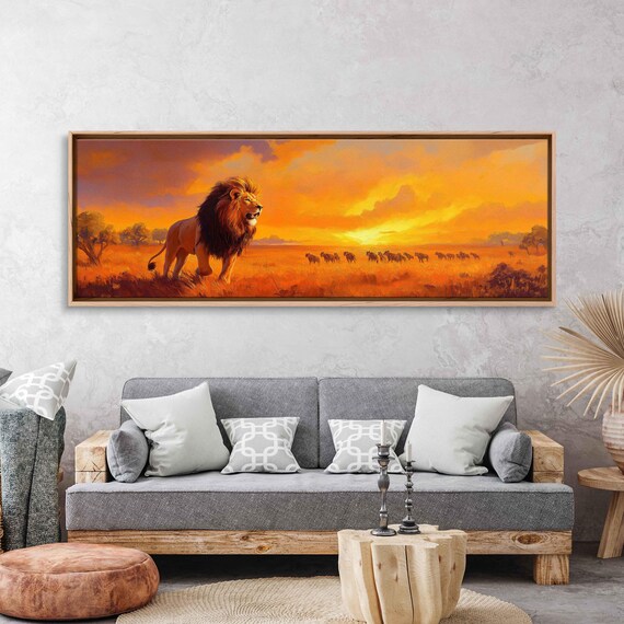 Majestic Lion Roaring Sunset Savanna Elephant Herd Panoramic Art Poster