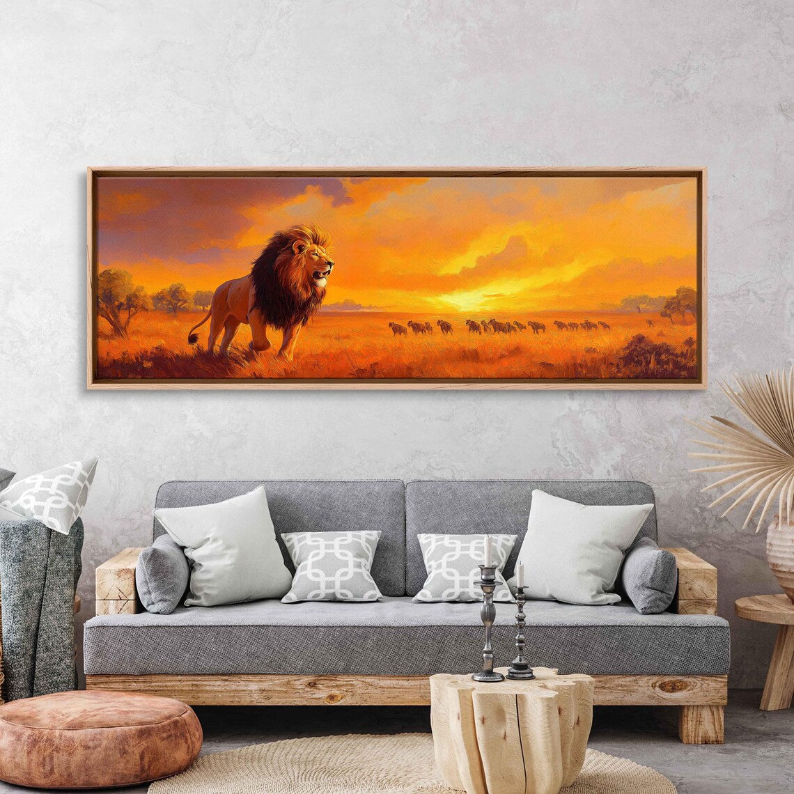 Majestic Lion Roaring Sunset Savanna Elephant Herd Panoramic Art Poster