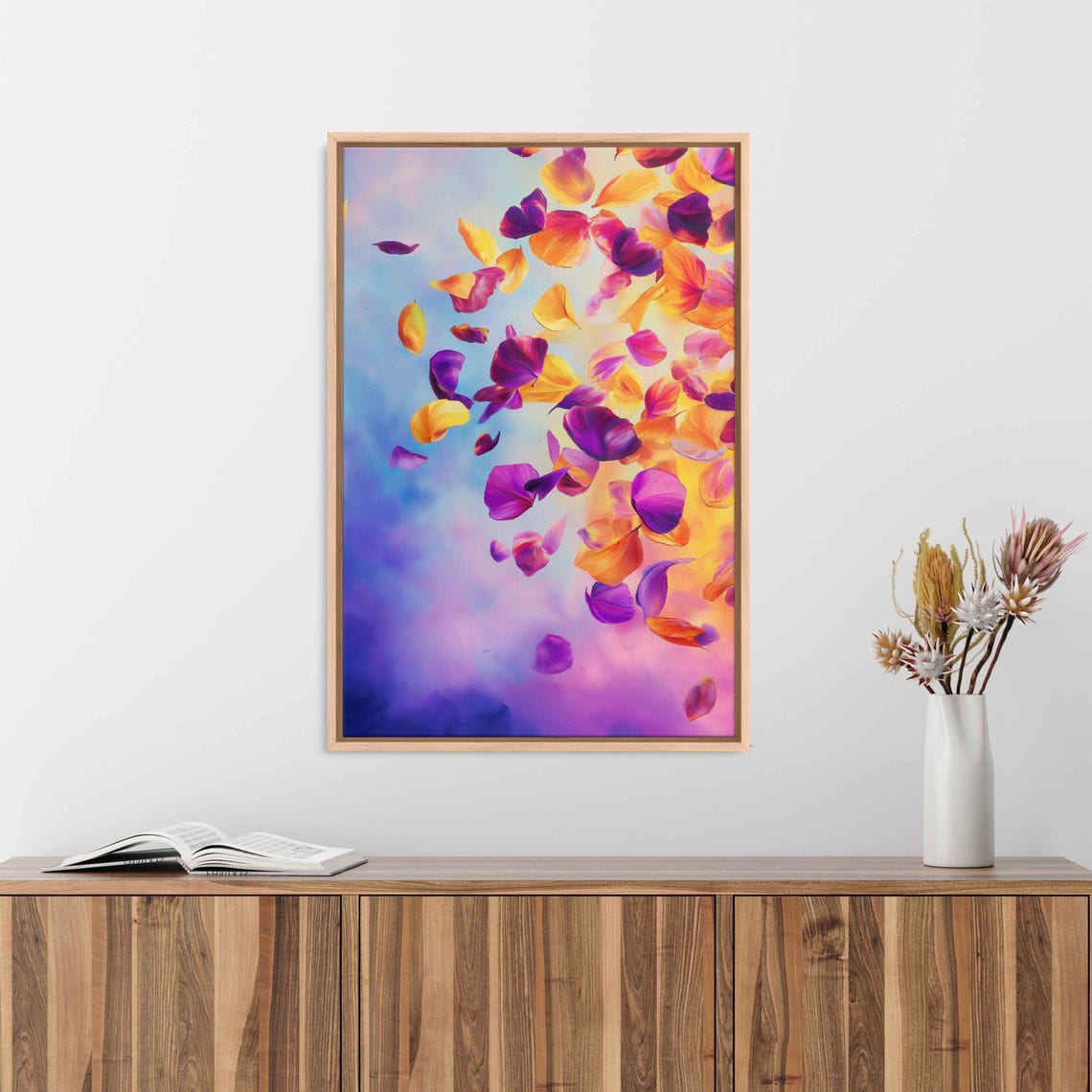Scattering Flower Petals in Wind Painting Purple Yellow Abstract Print - Image 3