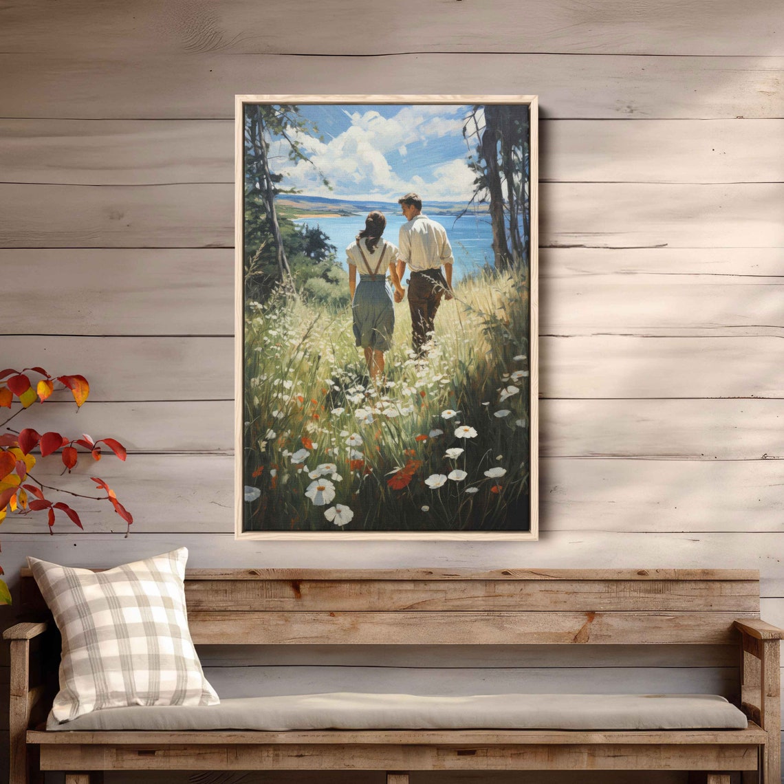 Romantic Couple Walking Wildflower Field Lakeside Vintage Poster - Image 2