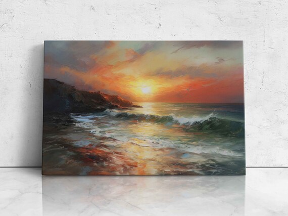 Fiery Ocean Sunset Over Rocky Shore Golden Reflection Painting Poster