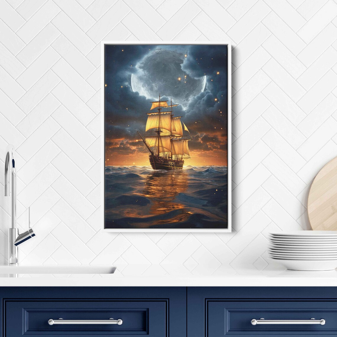 Tall Sailing Ship Full Moon Golden Sails Moonlit Ocean Adventure Poster - Image 2