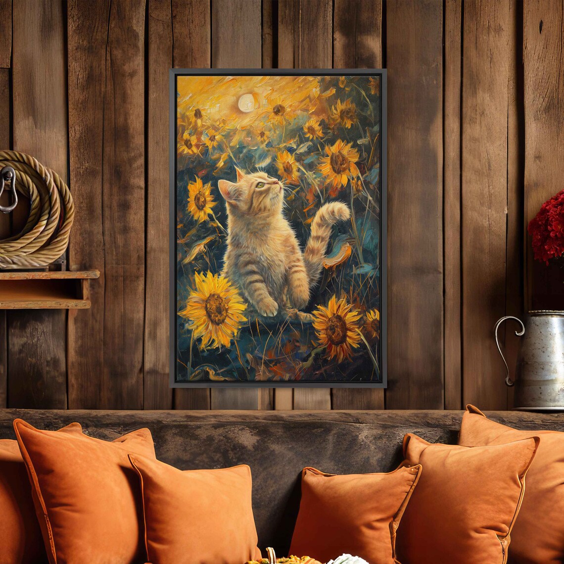 Ginger Kitten Among Sunflowers Impressionist Oil Painting Cat Lover Art Poster - Image 2