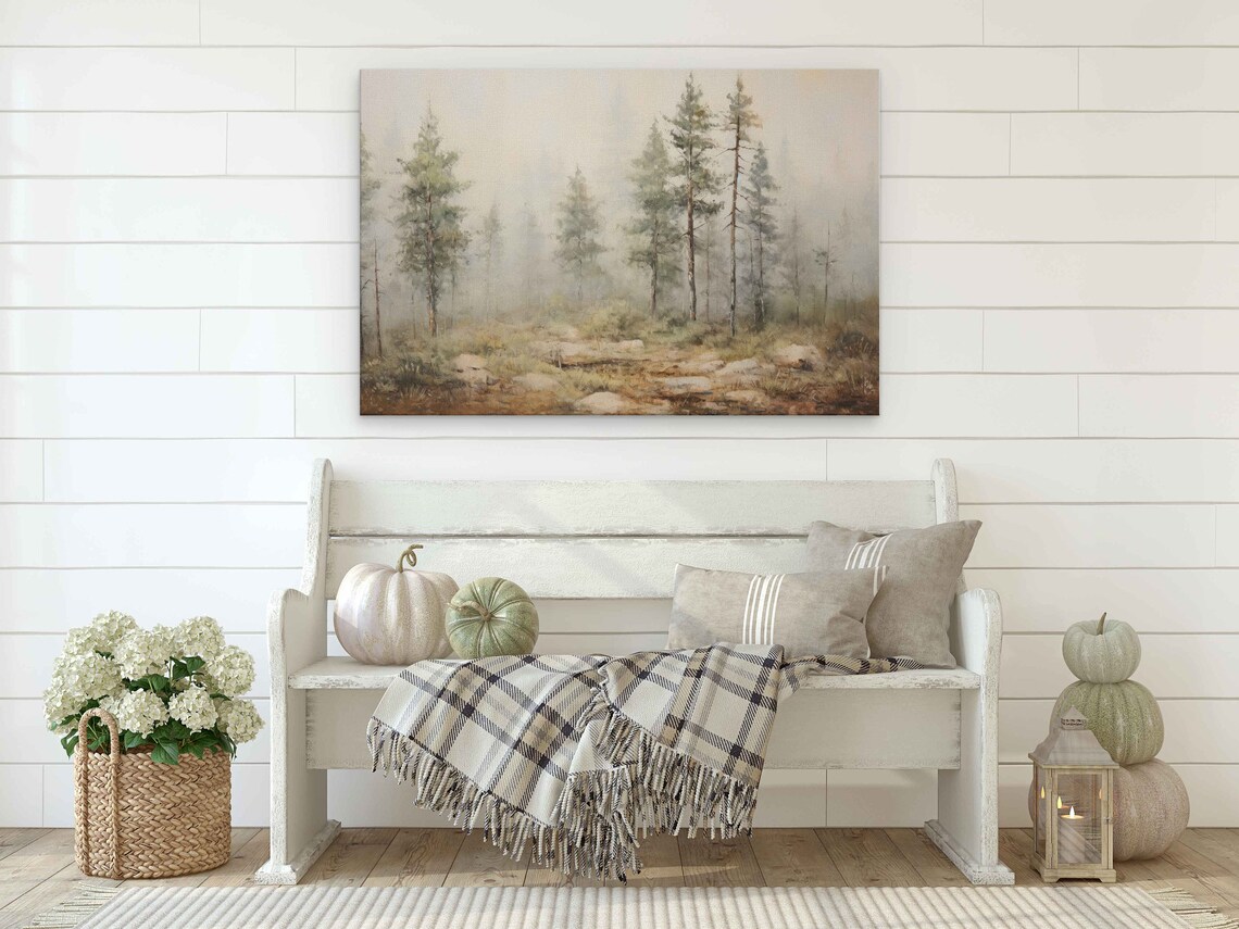 Vintage Foggy Forest Painting Impressionist Art Framed Print Ready To Hang Rustic Wall Art - Image 2