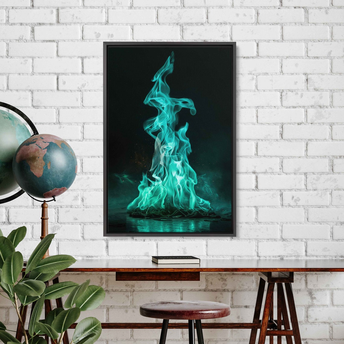 Turquoise Blue Green Flames On Black Background Abstract Art Poster