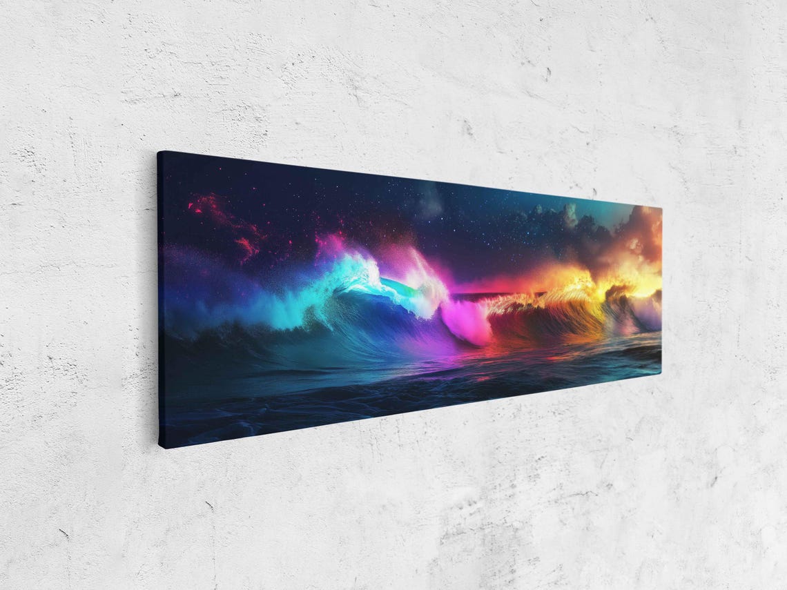 Colorful Neon Ocean Waves Night Sky Surreal Surf Scene Poster - Image 4