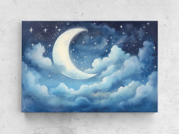 Painting Of Bright Moon In Beautiful Calm Night Sky Bright Blue Calming Painting Print On Ready To Hang Nursery Decor