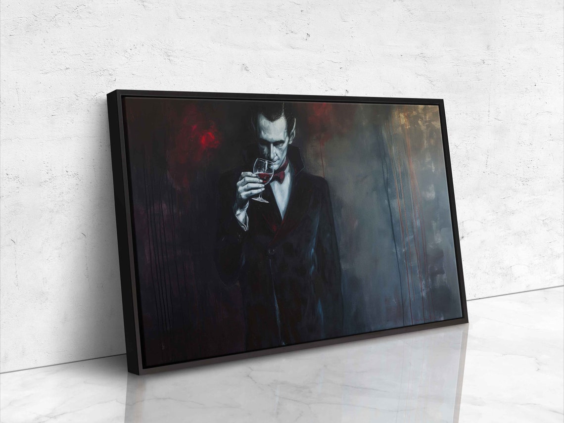Vampire Gentleman Suit Bow Tie Sipping Red Wine Gothic Halloween Print - Image 4