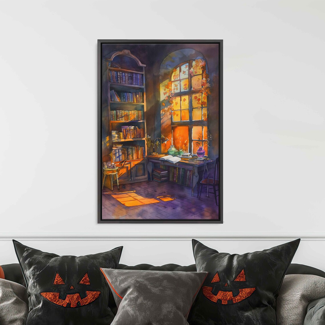 Cozy Library Reading Corner Arched Window Bookshelves Watercolor Poster - Image 3