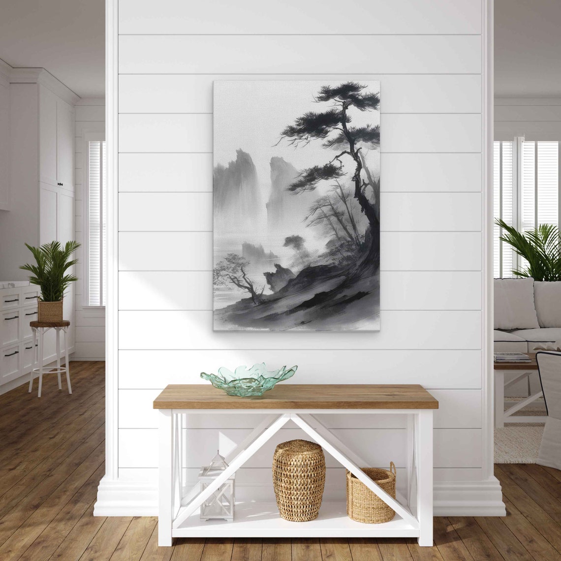 Chinese Ink Wash Misty Mountain Pine Trees Black Landscape Art Print - Image 2