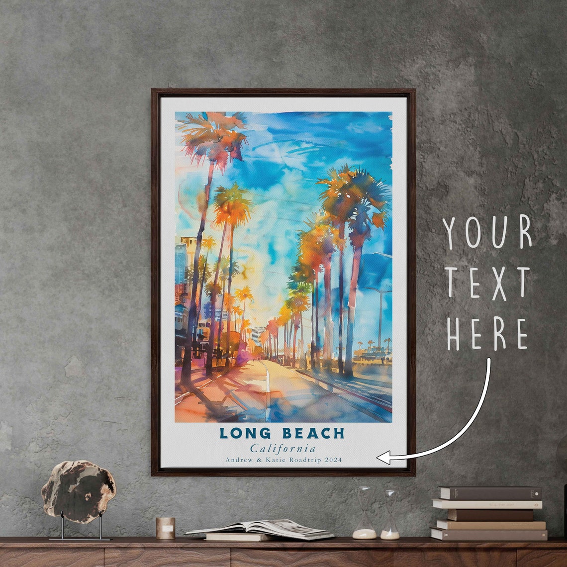 Long Beach California Palm Lined Street Ocean Watercolor Travel Poster - Image 3