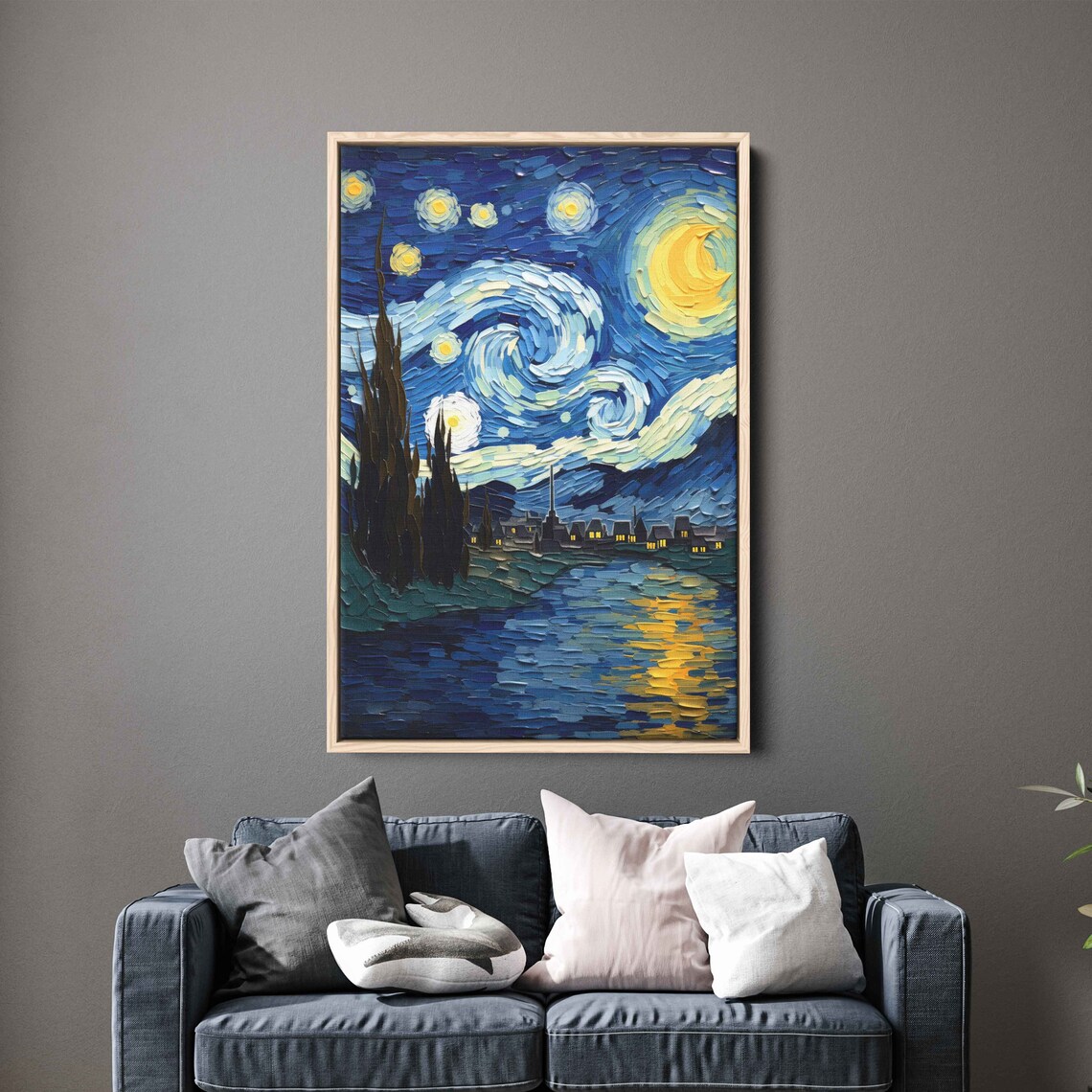 Van Gogh Inspired Starry Night Village River Cypress Painting Art Poster - Image 3