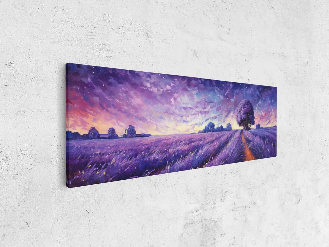 Panoramic Lavender Field Colorful Starry Night Sky Painting Print Ready To Hang - Image 4