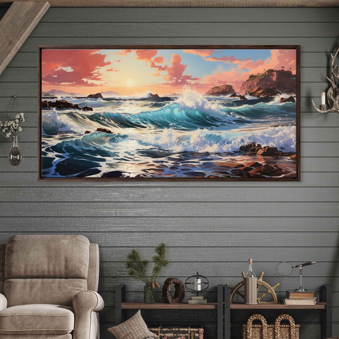 Crashing Ocean Waves Sunrise Pink Clouds Rocky Cliffs Panoramic Seascape Poster