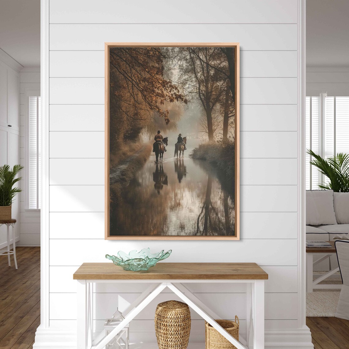 Two Cowboys Riding Horses Misty River Autumn Forest Western Art Poster - Image 2
