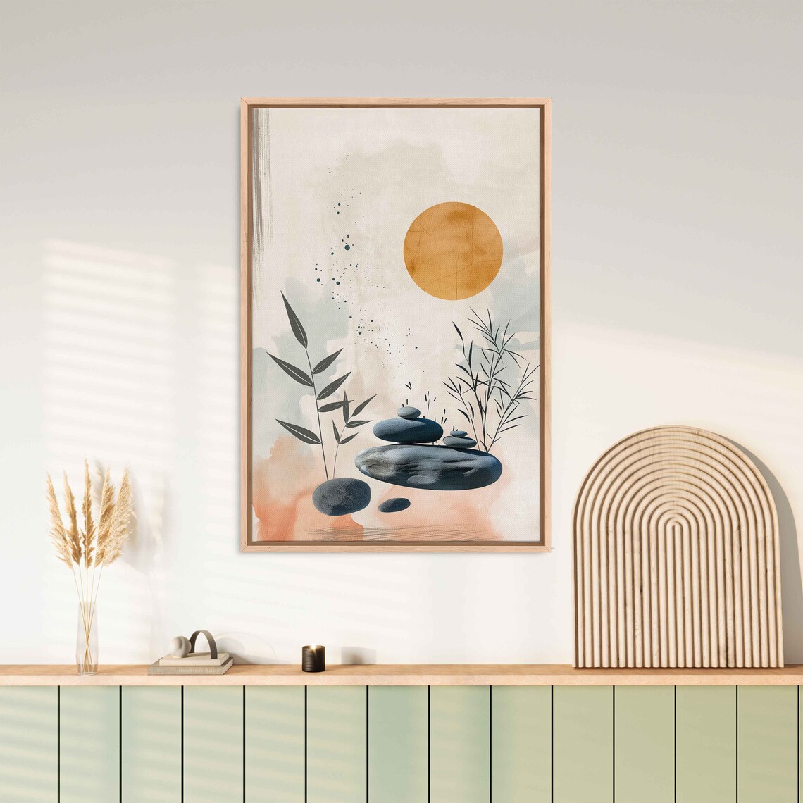 Zen Cairn Balancing Stones Golden Sun Watercolor Botanical Calm Wall Art - Image 3