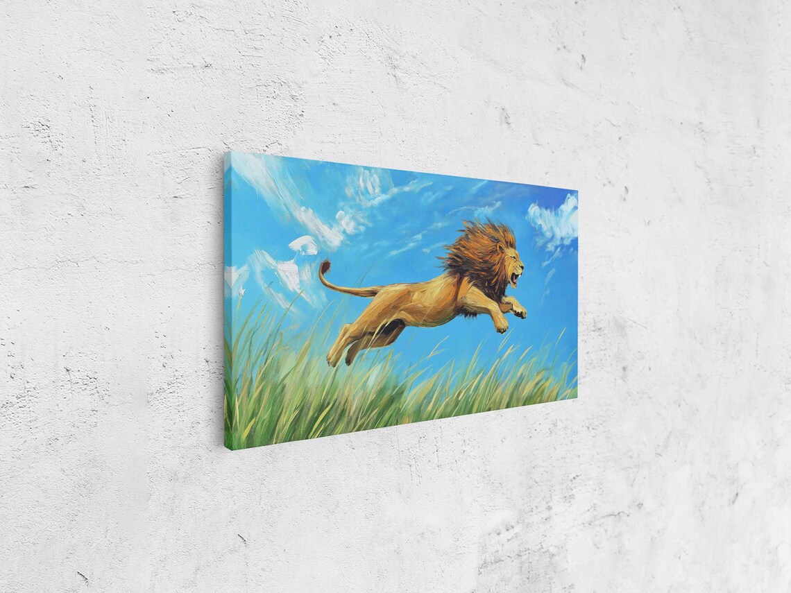 Lion Leaping Through Tall Grass Vivid Greens Golds Bright Blue Sky Poster - Image 4