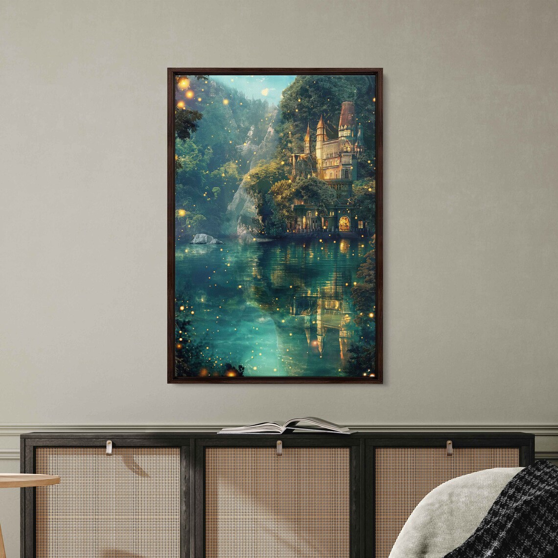 Fantasy Style Hidden Castle Set In A Cliffside On Tranquil Lake Wall Art Print Vertical Style Print Majestic Manor Ready To Hang - Image 2