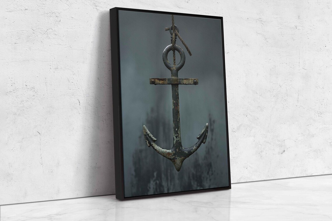 Weathered Iron Anchor Hanging With Rope On Dark Moody Background Poster - Image 4