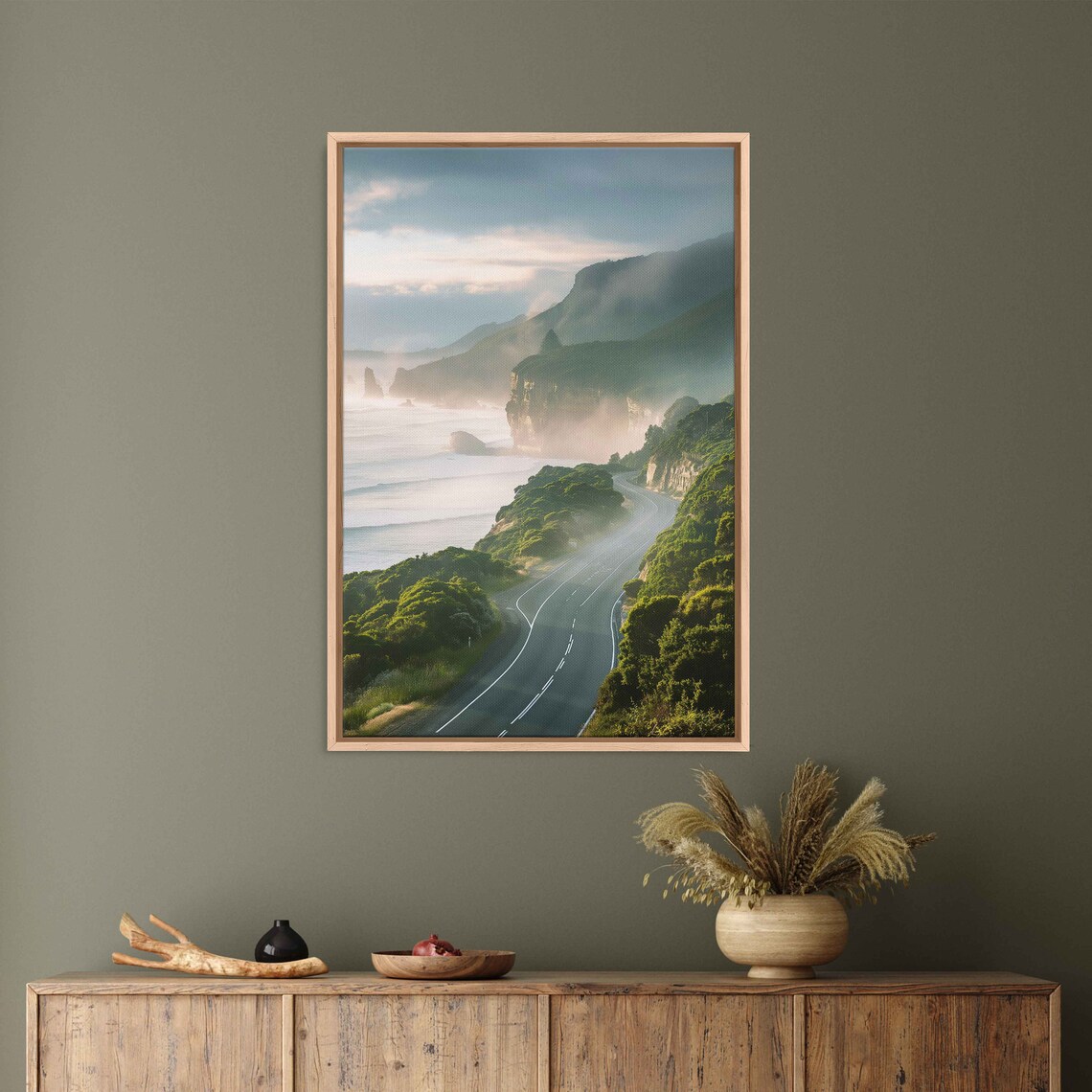 Misty Seaside Road With Towering Cliffs and Ocean View at Sunrise Travel Poster - Image 3