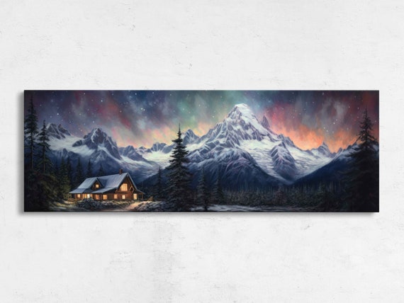 Cabin Starry Night Sky Panoramic Landscape Painting Framed Print Ready To Hang Coloful Night Sky Living Room Decor