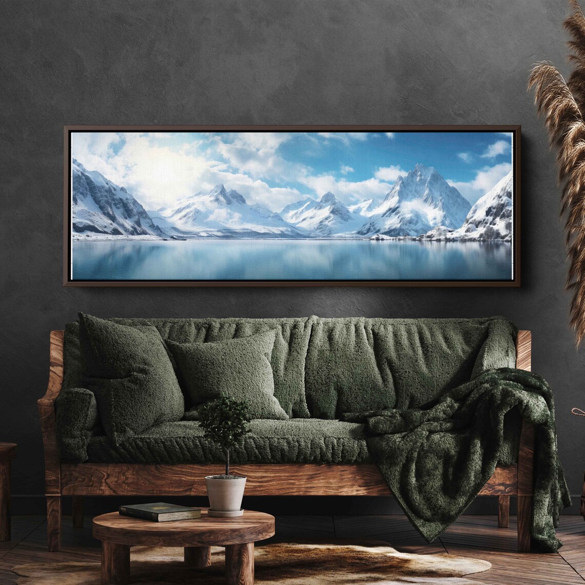 Serene Lakeside Mountain Range Panoramic Wall Art Lake And Snowy Mountains Framed Print Ready To Hang - Image 2