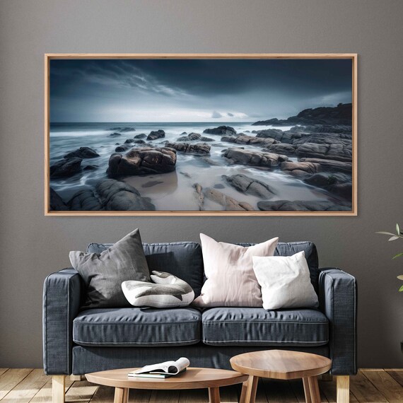 Dark Stormy Rocky Beach Misty Waves Moody Twilight Seascape Poster