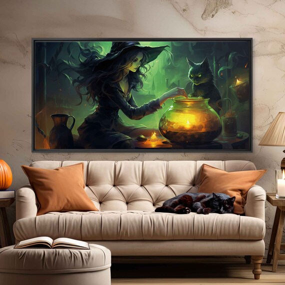 Witch Black Cat Brewing Glowing Potion Jar Green Magic Night Art Print