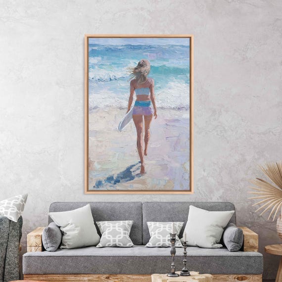 Surfer Walking Into Ocean From Sandy Beach Wall Art Print Tropical Island Gift For Surfer Blue Water Ready To Hang