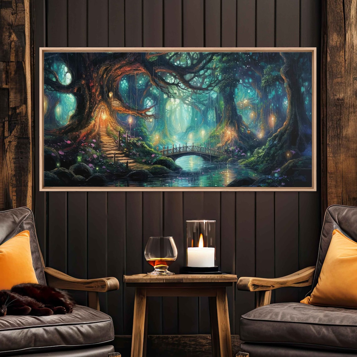 Enchanted Forest Village Fireflies Fantasy Art Print - Image 2