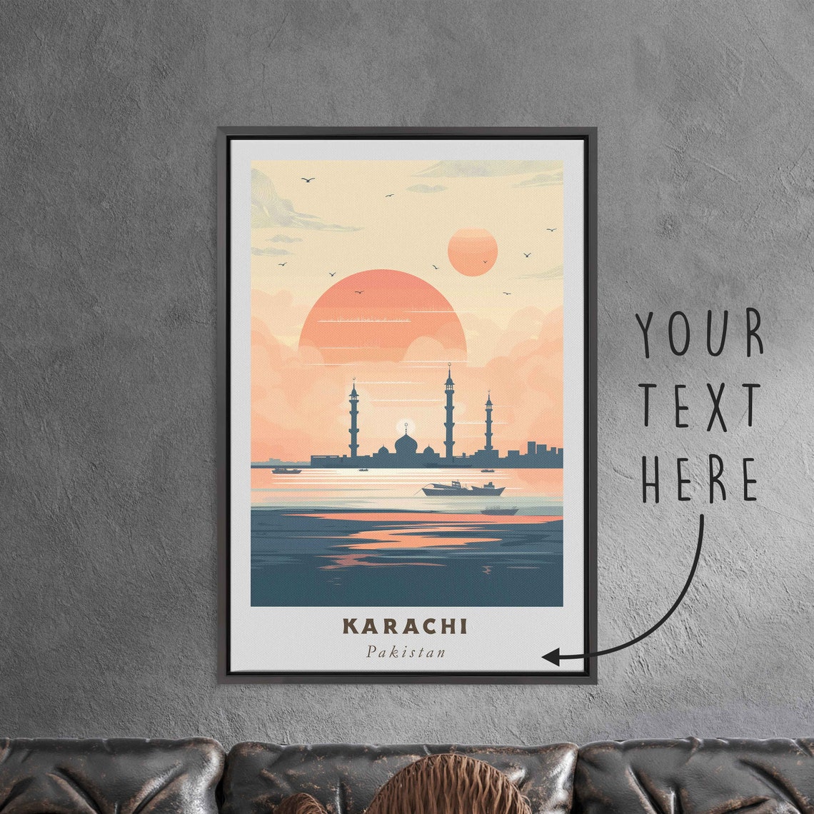 Karachi Pakistan Grand Mosque Seaside Sunset Minimalist Travel Poster