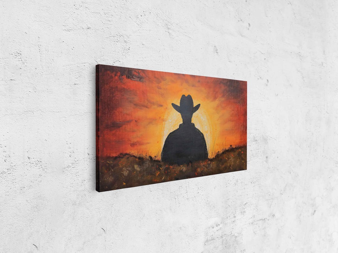 Cowboy Back Silhouette Over Orange Sunset Western Scenic Poster - Image 4