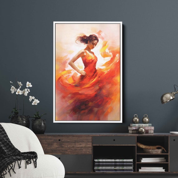 Flemenco Dancer Red Dress Abstract Oil Painting Wall Art Framed Print Ready To Hang Gift For Dancer