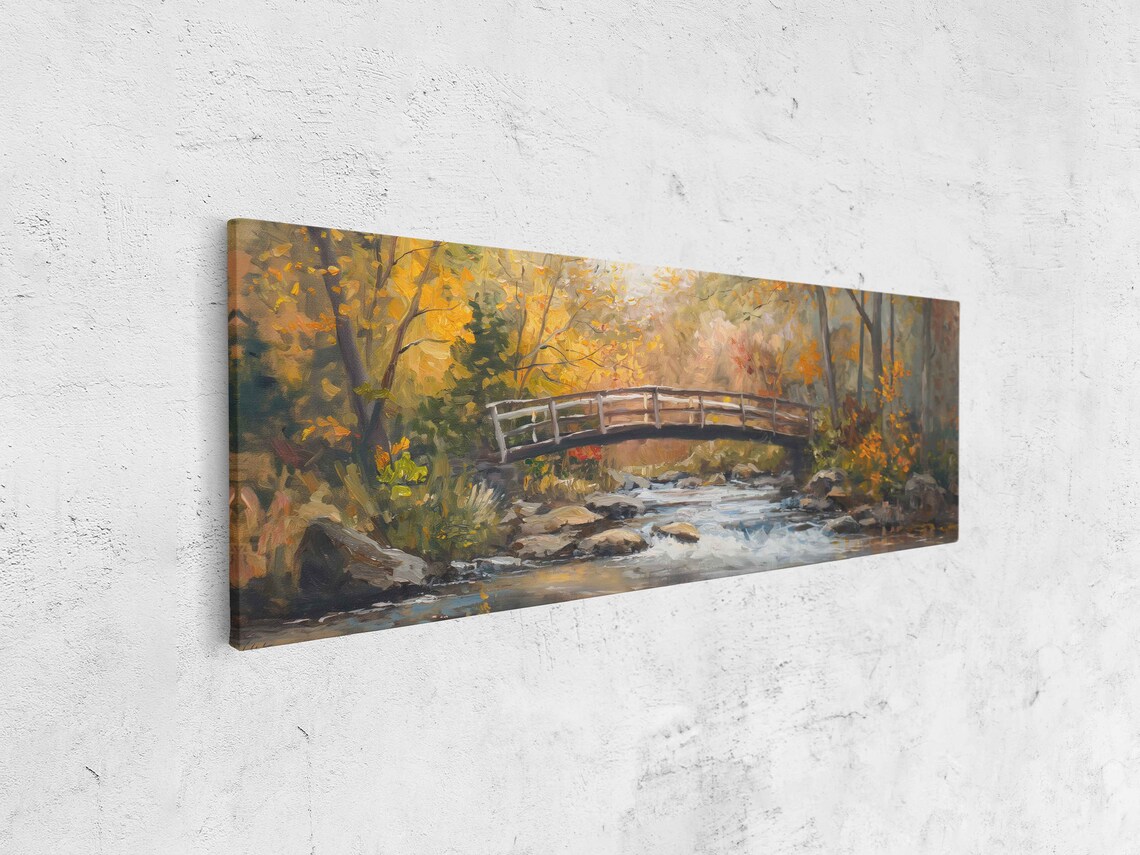 Autumn Forest Stream Wooden Bridge Golden Fall Oil Painting Poster - Image 4