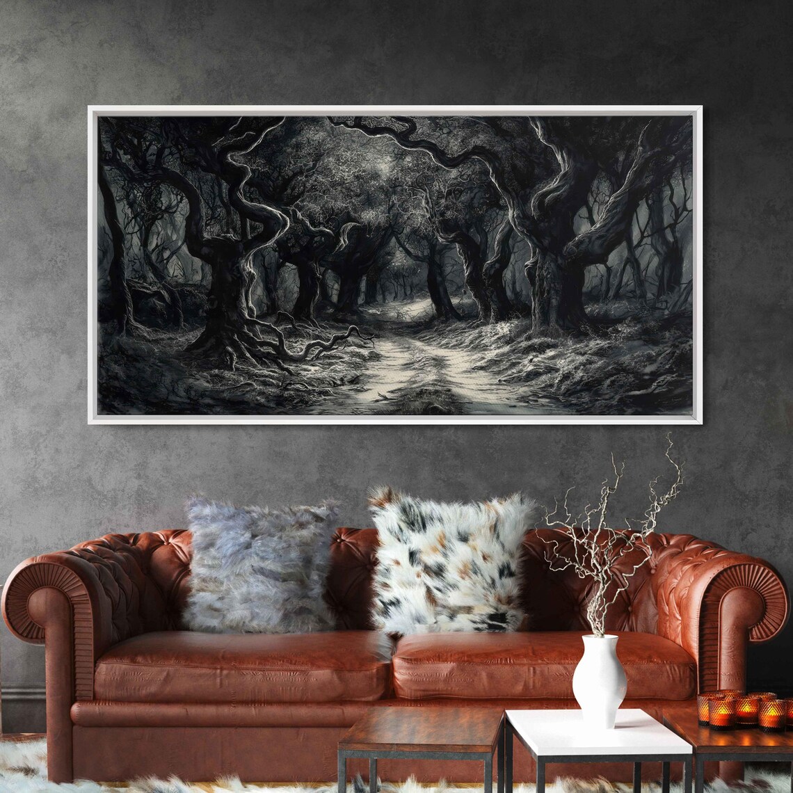 Twisted Tree Tunnel Winding Path Dark Forest Ink Panorama Halloween Poster