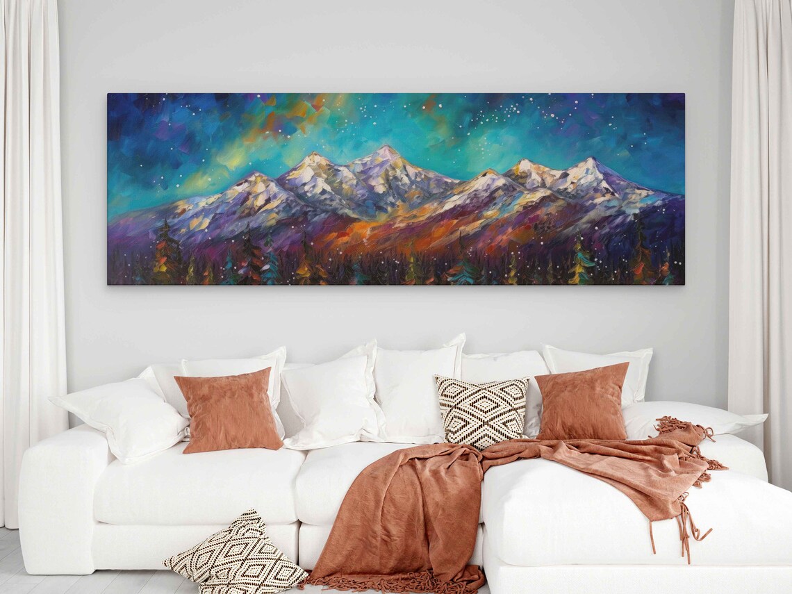 Starry Night Mountain Range Panoramic Teal Aurora Sky Snow Peaks Forest Art Poster - Image 2
