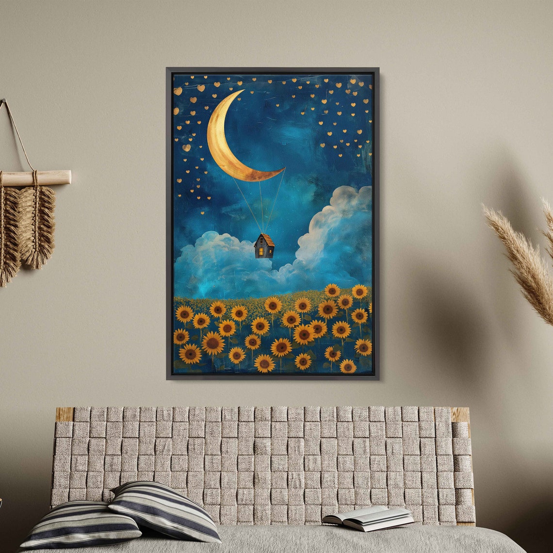 Crescent Moon Balloon Lifting Tiny House Over Sunflower Field Poster - Image 2